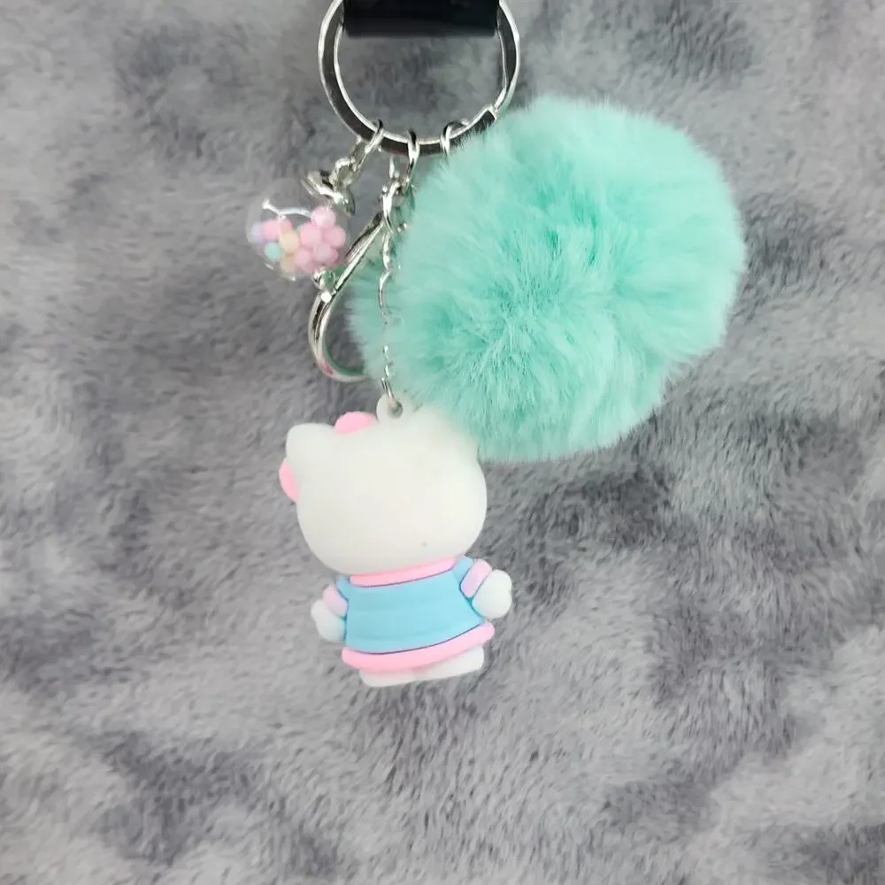 Hello Kitty 3D Figure Keychain puff ball & mini bead filled bubble Blue Dress